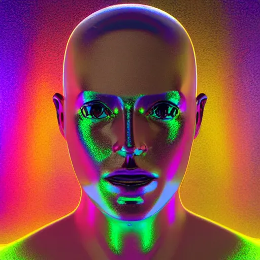 Image similar to 3d render of holographic human robotic head made of glossy iridescent, surrealistic 3d illustration of a human face non-binary, non binary model, 3d model human, cryengine, made of holographic texture, holographic material, holographic rainbow, concept of cyborg and artificial intelligence