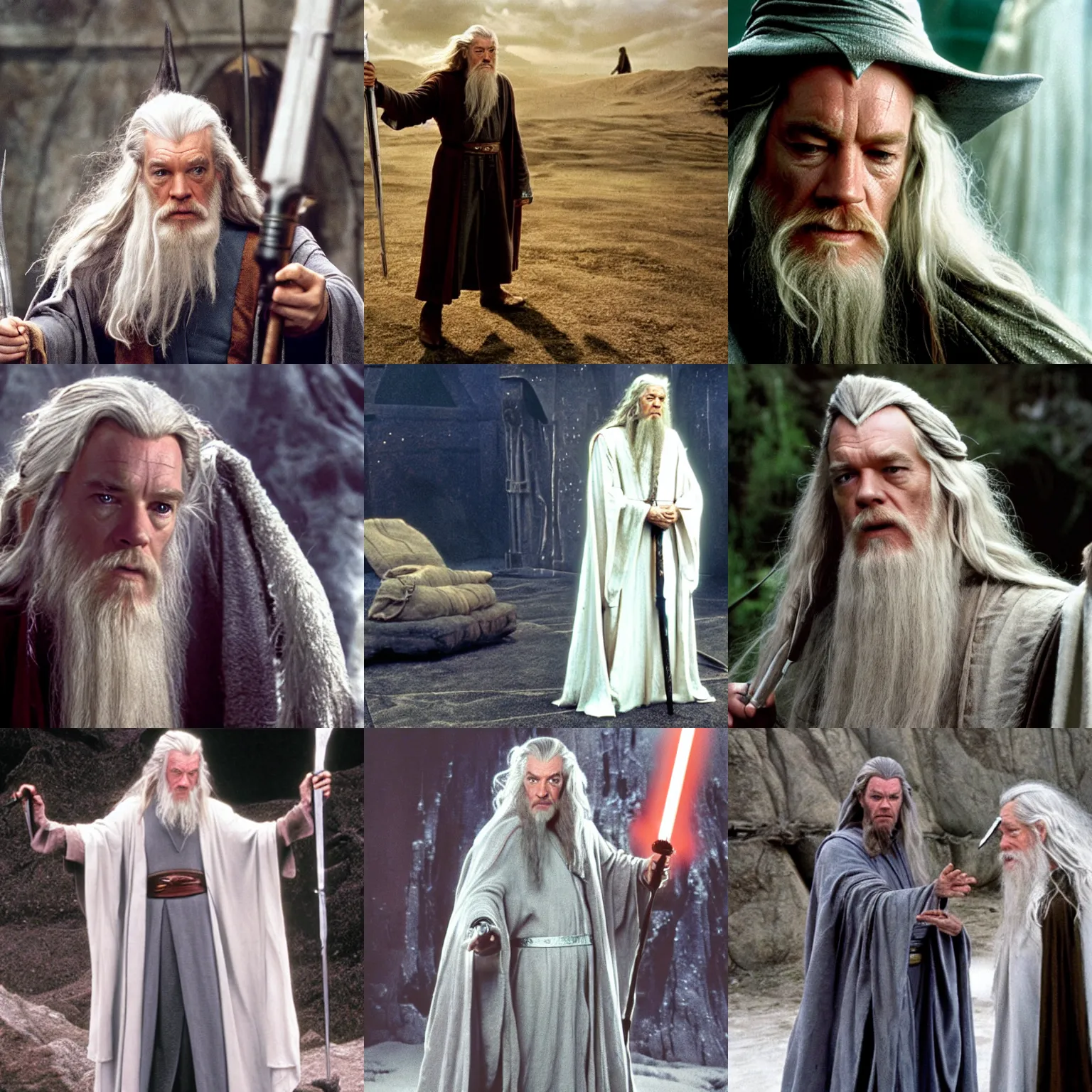 Prompt: Ewan McGregor as Gandalf the White on the set of Star Wars