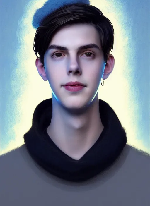 Image similar to portrait of teenage jughead jones wearing a light grey crown, crown, blue turtleneck, closed eyes, photorealistic, black hair, glowing lighting, intricate, elegant, glowing lights, highly detailed, digital painting, artstation, concept art, smooth, sharp focus, illustration, art by wlop, mars ravelo and greg rutkowski