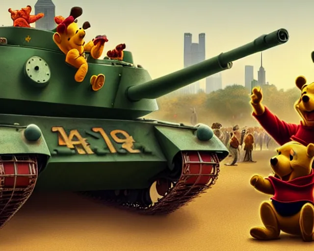 Image similar to winnie the pooh protesters sit down in front of tank at tiananman square, cute and cuddly, highly detailed, photorealistic, octane render, 8 k, unreal engine. art by artgerm and greg rutkowski and alphonse mucha