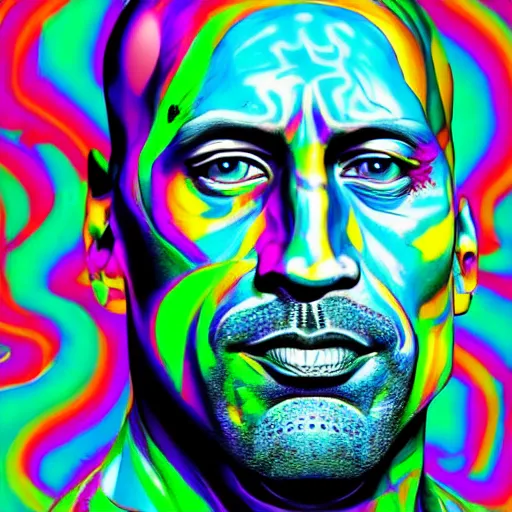 Image similar to An extremely psychedelic portrait of Dwayne Johnson, surreal, LSD, face, detailed, intricate, elegant, lithe, highly detailed, digital painting, artstation, concept art, smooth, sharp focus, illustration