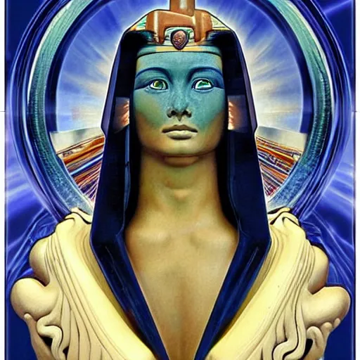 Image similar to portrait of sphinx a guardian figure, the protector of the pyramids, and the scourge of the enemies of Re, the sun god. made with porcelain by Jeff Easley and Peter Elson + beautiful eyes, beautiful face + symmetry face + border and embellishments inspiried by alphonse mucha, fractals in the background, galaxy + baroque, gothic, surreal + highly detailed, intricate complexity, epic composition, magical atmosphere + masterpiece, award winning + trending on artstation