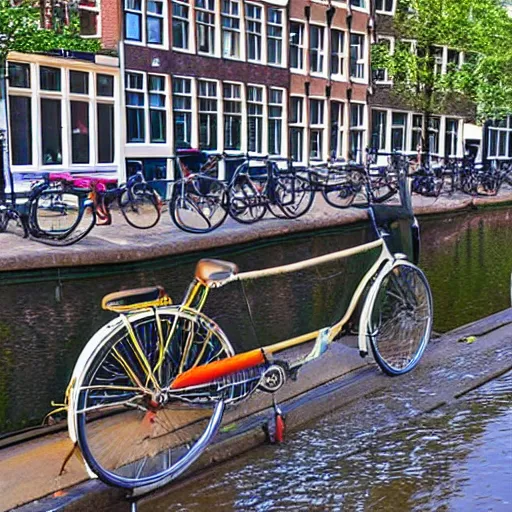 Prompt: beautiful watercolor amsterdam canal and bicyles along rail