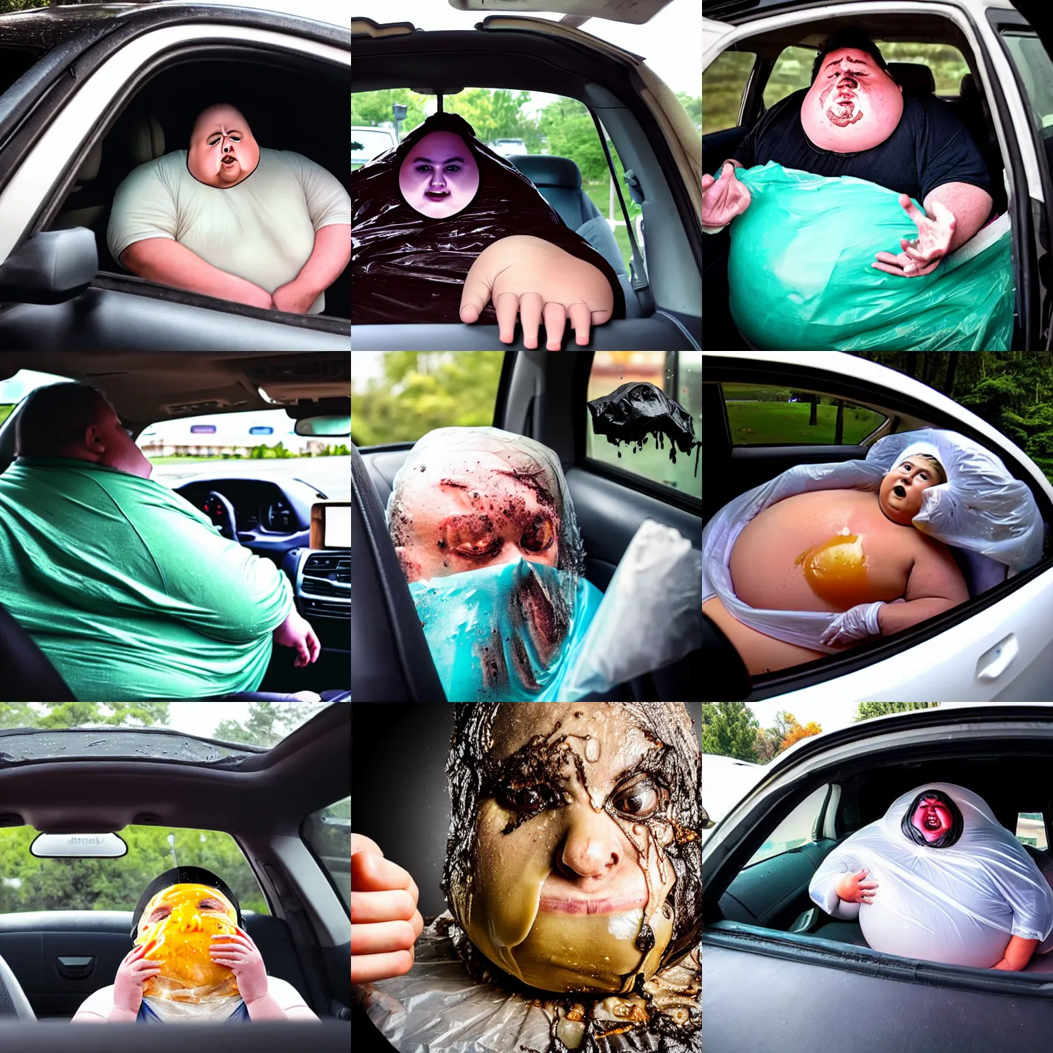 Prompt: obese stinking garbage bag with human face oozing goop inside car, fast food review, wide angle, specular highlights, fetid atmosphere