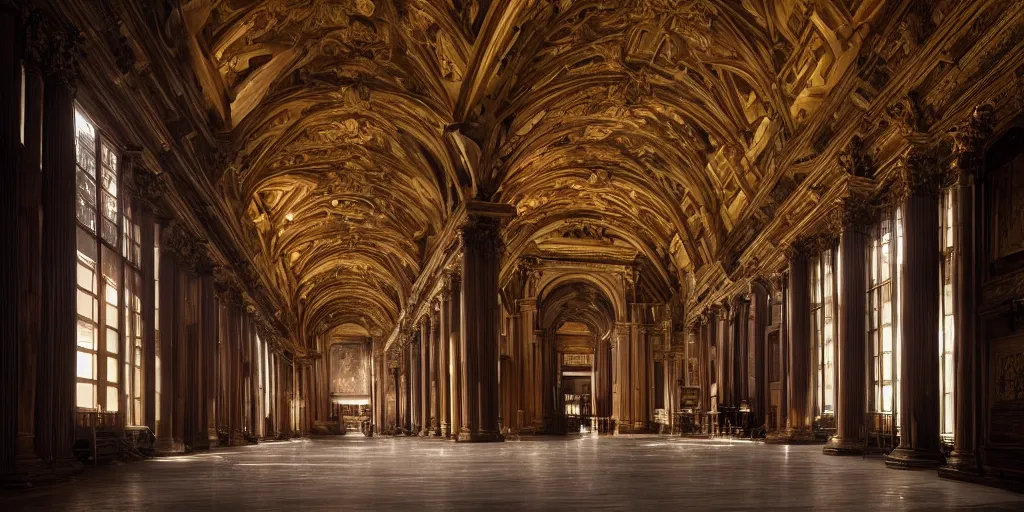 Prompt: the moody and magical interior great hall of the laurentian library by Michelangelo, volumetric lighting, beautifully lit