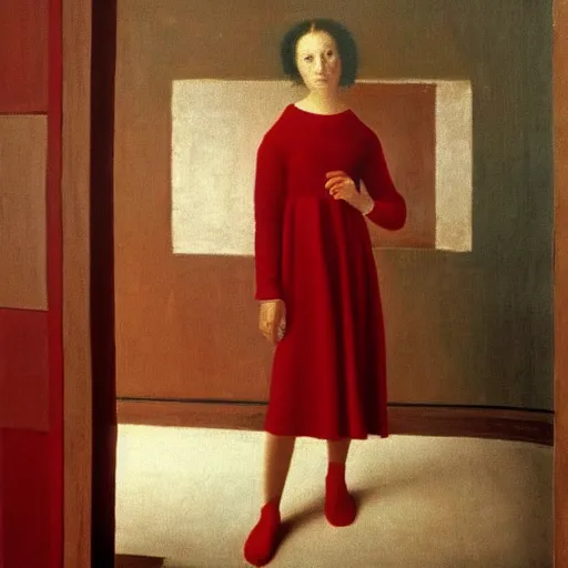 Prompt: a woman in a red sweater standing in a room, a renaissance painting by leonard daniels, trending on tumblr, de stijl, aesthetic, 1 9 9 0 s, pixel perfect