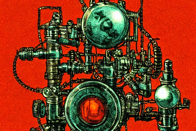 Prompt: steampunk machines!, in the style of john avon and derek riggs and eva widermann, trending on artstation, halfrear lighting closeup view anaglyph filter, bokeh, anime, colored pencil art, belle epoque