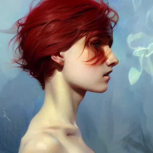 Image similar to young boy, red hair, turqouise eyes, gorgeous, amazing, feminine, elegant, intricate, highly detailed, digital painting, artstation, concept art, sharp focus, illustration, art by artgerm and greg rutkowski and alphonse mucha