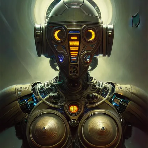 Image similar to low angle shot of a cyberpunk gazmask robot character, intricate, elegant, highly detailed, centered, digital painting, artstation, concept art, smooth, sharp focus, illustration, artgerm, Tomasz Alen Kopera, Peter Mohrbacher, donato giancola, Joseph Christian Leyendecker, WLOP, Boris Vallejo