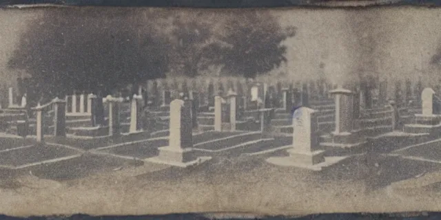 Image similar to an 1 8 0 0 s stereograph depicting a graveyard in stereoscopic 3 d. a faintly visible ghost is lurking.