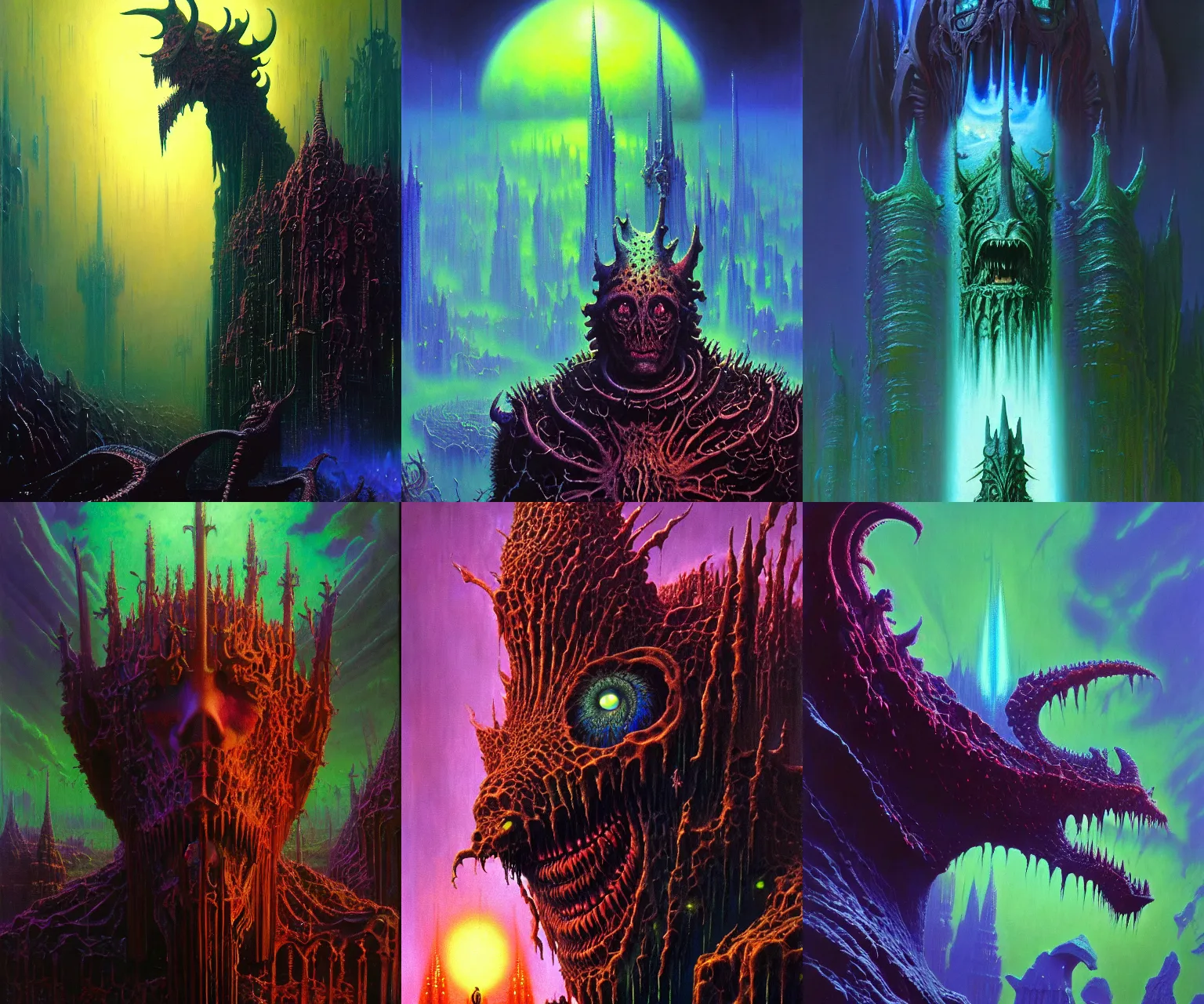 Prompt: A closeup portrait of the colossal majestic mystical gothic blockchain demon, by Wayne Barlowe, by Paul Lehr, by Bruce Pennington, oil on canvas, masterpiece, trending on artstation, featured on pixiv, cinematic composition, beautiful lighting, sharp, details, details, hyper-detailed, no frames, cyan and green, 8K