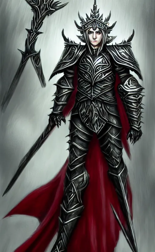 Image similar to A male elf, 20 years old, short silver hair, red eyes, spiked black metal crown with three round designs on the front side, black heavy armor with gold trim, red cape, lean but muscular, attractive, command presence, royalty, weathered face, smooth, sharp focus, illustration, concept art, highly detailed, muscle definition, fantasy paitning, ArtStation, ArtStation HQ