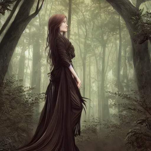 Image similar to full figure ultra realistic illustration, evan rachel wood in a forest wearing a dystopian black dress, brown flowy hair with tints of red, edo japan, intricate, elegant, highly detailed, digital painting, artstation, concept art, smooth, sharp focus, illustration, art by artgerm and greg rutkowski and alphonse mucha