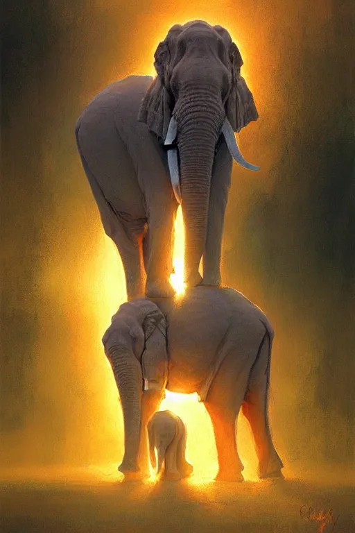 Image similar to spiritual twin flame elephant art, sunset hue, highly detailed, oil painting hue, by craig mullins