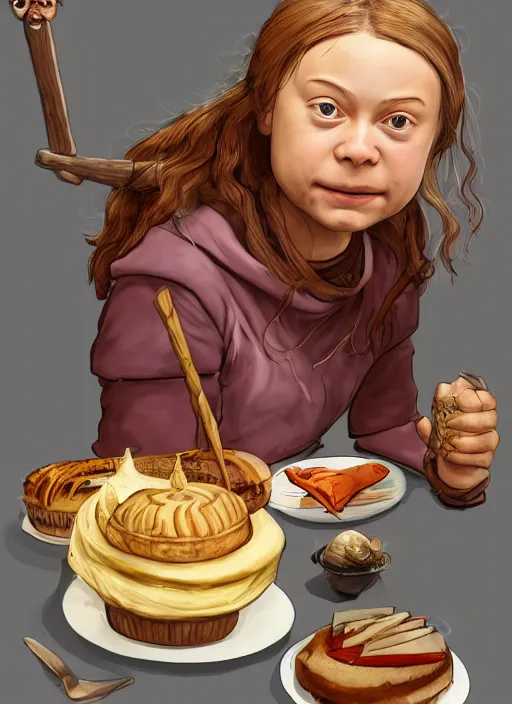 Image similar to greta thunberg as a medieval goblin eating cakes. detailed digital art, trending on Artstation