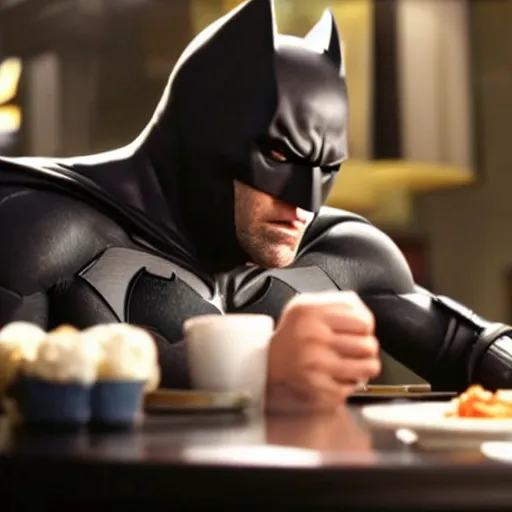 Image similar to A still of Ben Affleck's Batman eating at Denny's, 4k, photograph, ultra realistic, highly detailed, studio lighting