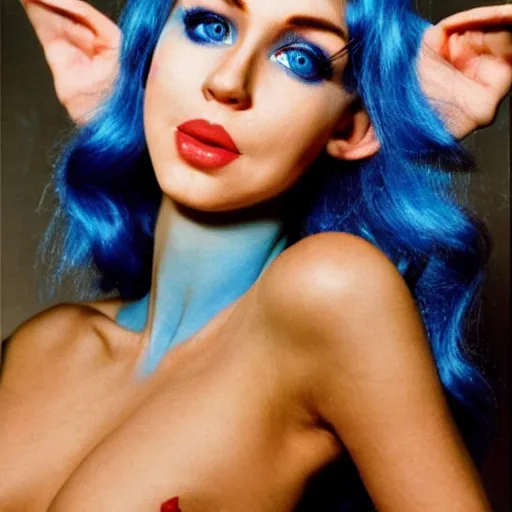 Image similar to blue-skinned elf girl, blue girl, blue skin, blue, glam hair, 80s hair, 80s clothes