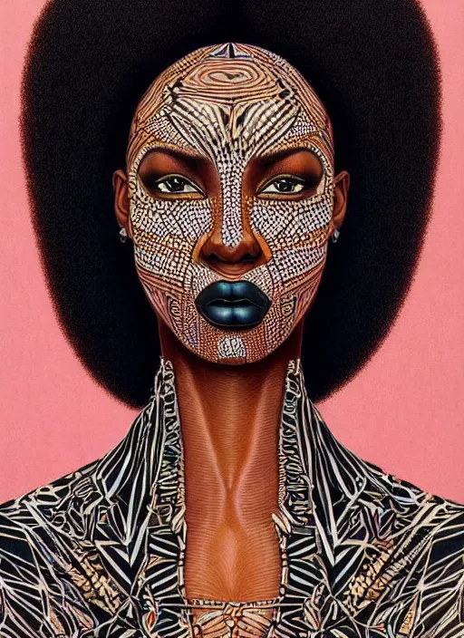 Prompt: beautiful painted portrait of a gorgeous black woman, symmetrical, her skin in the pattern style of e. a. seguy, intricate details, opulent, hyper detailed, surrealism, vibrant and vivid