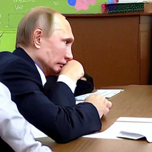 Image similar to a still of vladimir putin being scolded by a teacher at school