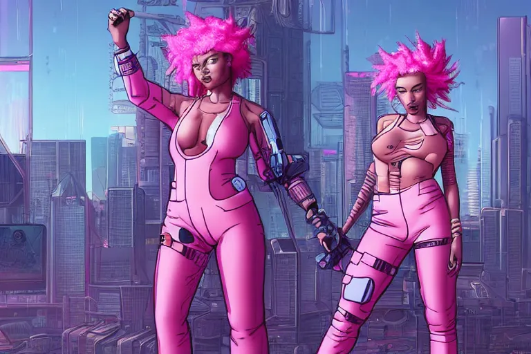 Image similar to a woman with pink hair standing in front of a city, cyberpunk art by patrick brown, trending on artstation, afrofuturism, synthwave, darksynth, retrowave