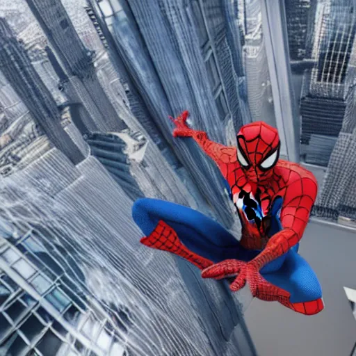 Prompt: Spiderman web swinging across skyscrapers, photorealistic, 8k, HD, dramatic, ultrarealistic, trending on artstation, ultradetailed, octane render,