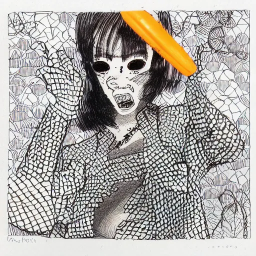 Prompt: amazing, pen, loosely cross hatched, ink, orange background, illustration by Terada Katsuya, koji morimoto, tatsuyuki tanaka