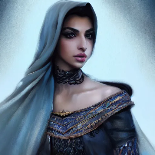 Image similar to Beautiful Arab Ameera Al taweel, blue eyes, leather, portrait, fantasy, medieval, oil colors, elegant, concept art, sharp focus, beautiful face, digital art, Hyper-realistic, 4K, Unreal Engine, Highly Detailed, HD, Dramatic Lighting by Brom, by beeple, studio ghibli, wallpaper, highly detailed, trending on artstation