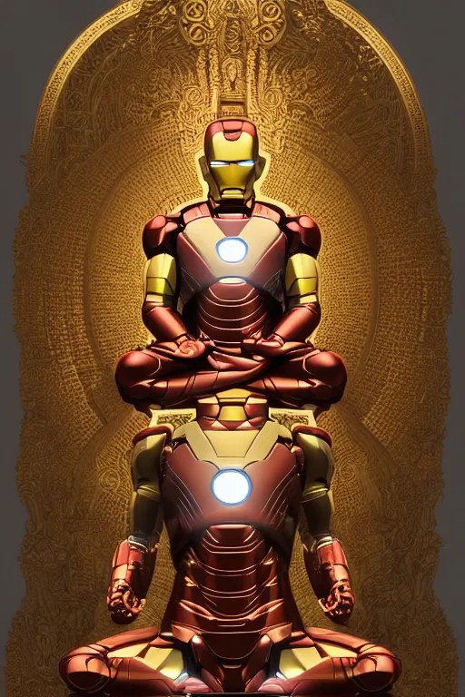 Image similar to digital masterpiece illustration concept art of porcelain statue of buddha gautama as iron man, virasana, lotus, padmasana, extremely detailed and intricate complexity, epic composition, magical atmosphere, cinematic lighting, wide long shot, trending on artstation, 8 k