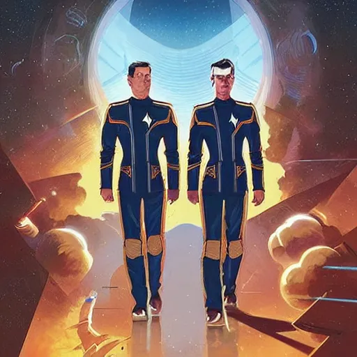 Prompt: starfleet officers on an away mission, by dan mumford and artgerm and greg rutkowski