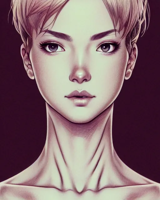 Image similar to ' bored woman with short hair ', closeup shot of face, beautiful shadowing, soft shadowing, reflective surfaces, illustrated completely, 8 k beautifully detailed pencil illustration, extremely hyper - detailed pencil illustration, intricate, epic composition, masterpiece, bold complimentary colors. stunning masterfully illustrated by artgerm, range murata, alphonse mucha, katsuhiro otomo.