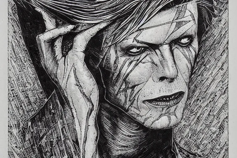 Image similar to david bowie aladdin sane by ed fairburn, joseph clement coll, franklin booth