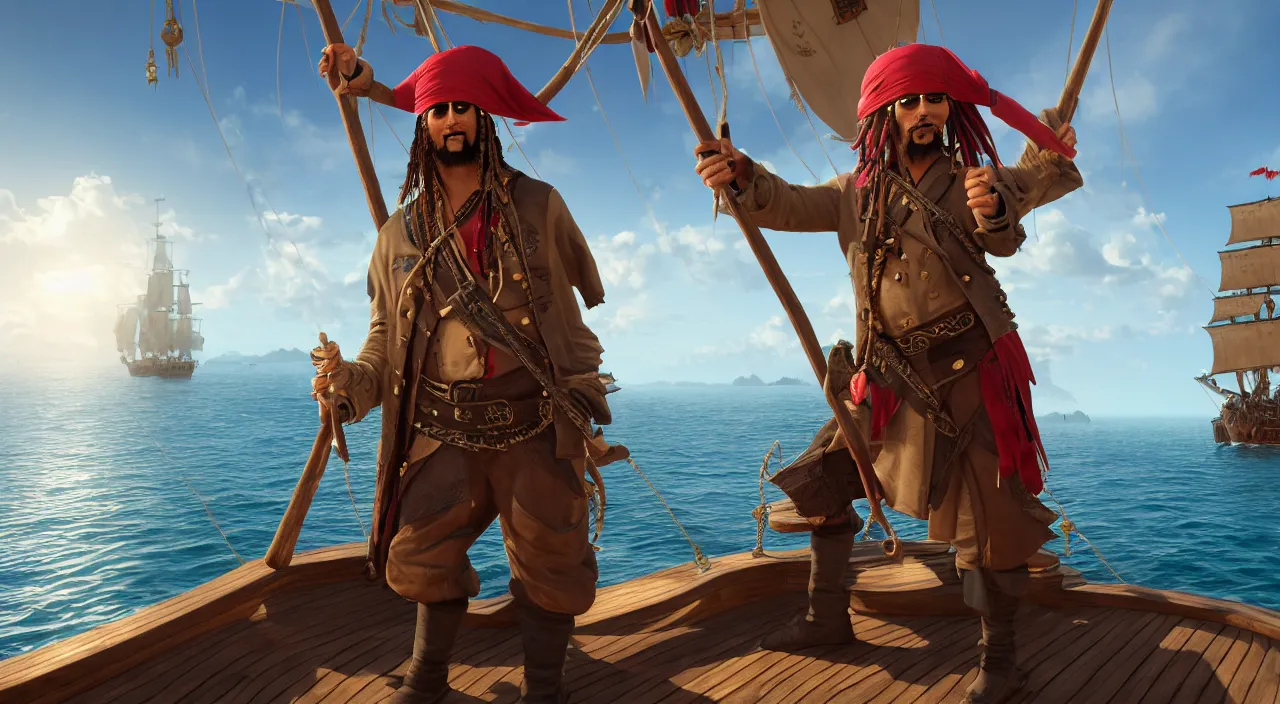 Image similar to a pirate on a boat ready to conquer the island, highly detailed, photorealistic portrait, bright studio setting, studio lighting, crisp quality and light reflections, unreal engine 5 quality render