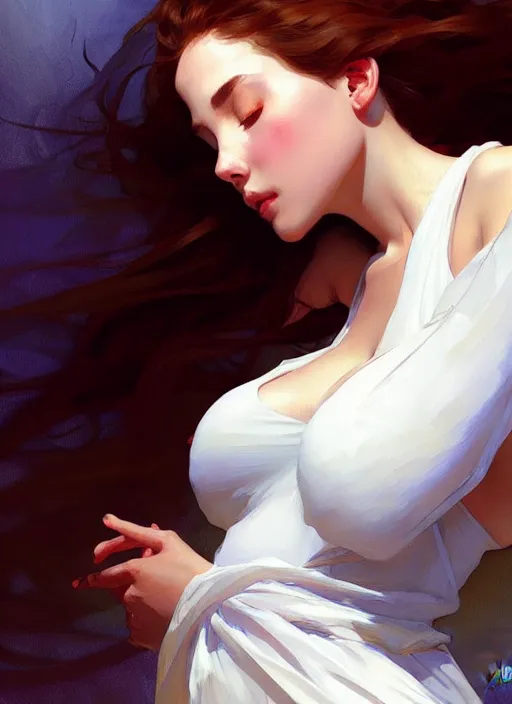 Image similar to beautiful woman in white, lying on a stage with eyes closed, digital painting, artstation, concept art, smooth, sharp focus, illustration, art by artgerm and greg rutkowski and alphonse mucha