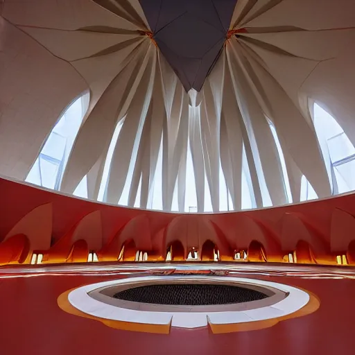 Image similar to interior of a futuristic lotus temple space station with gold, red and white marble panels, by buckminster fuller and syd mead, intricate contemporary architecture, photo journalism, photography, cinematic, national geographic photoshoot