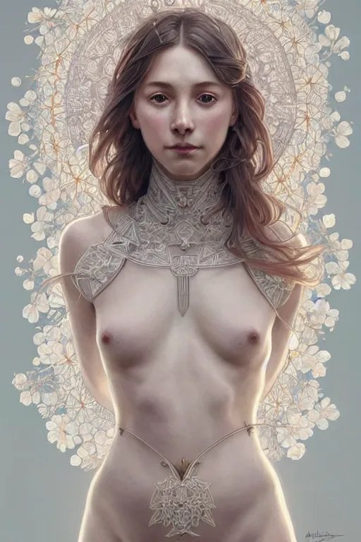 Image similar to symmetry!! full body portrait!!!! of a beautiful!!!! delicate elegant nordic shield maiden, pretty face!!!!, flower petals, intricate, elegant, highly detailed, digital painting, artstation, concept art, smooth, sharp focus, illustration, art by artgerm and greg rutkowski and alphonse mucha, 8 k