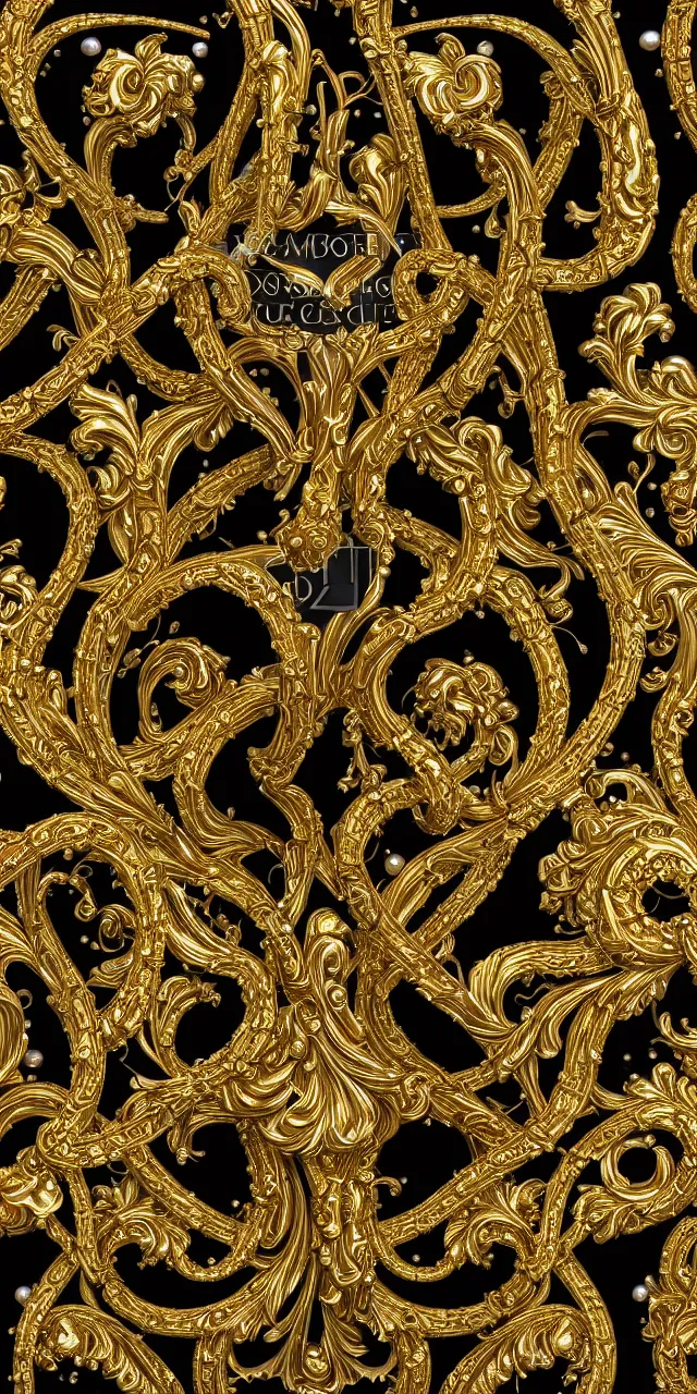 Prompt: subsurface scattering, seamless 3 d baroque gold and black pattern, beautiful dynamic shadows, gold silver iridescent pearls and swarovski crystals, symmetrical, rococo elements, damask, artstation, versace pattern, concept design art, octane render, 8 k
