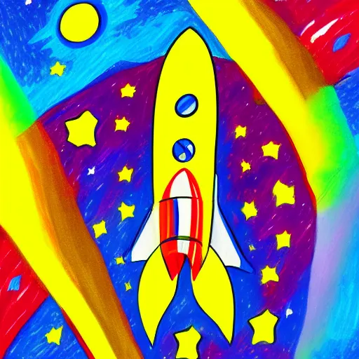 Image similar to a painting of a rocket ship flying through space, a child's drawing by Peter Max, behance contest winner, space art, behance hd, photoillustration, childs drawing