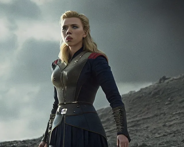 Image similar to starfleet uniform, scarlett johansson, in starfleet uniform, playing lagertha in a scene from the tv series vikings, directed by christopher nolan