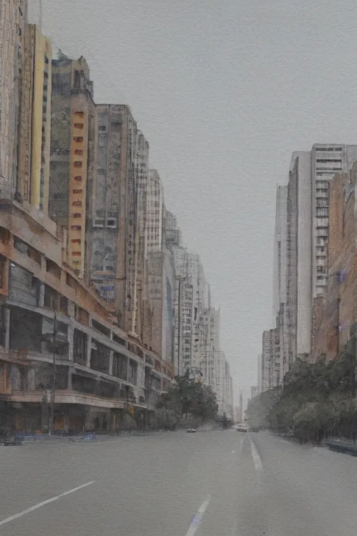 Image similar to A watercolor depicting an empty Huaihai Road gloomy weather, high contrast, smooth, by Joseph Zbikowicz, 8k