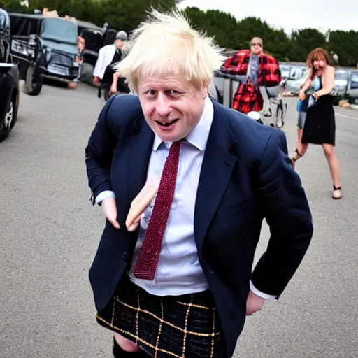 Prompt: boris johnson wearing a kilt, drinking beer and dancing on a parking lot next to a car