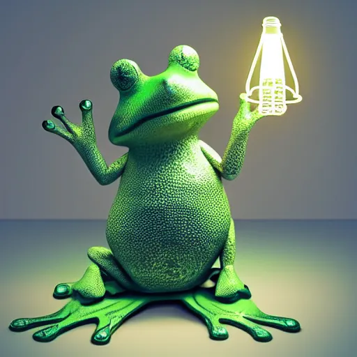 Image similar to “ frog wearing top hat sitting in front of a lamp, realistic, whimsical, volumetric lighting, 3 d ”