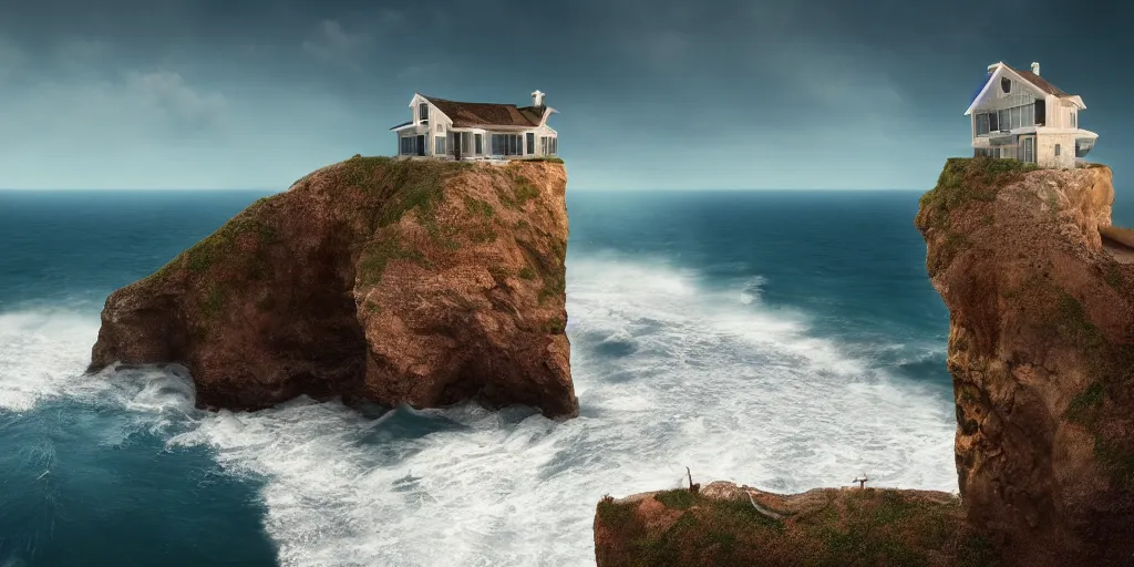 Prompt: a house on a cliff by the ocean by mike campau