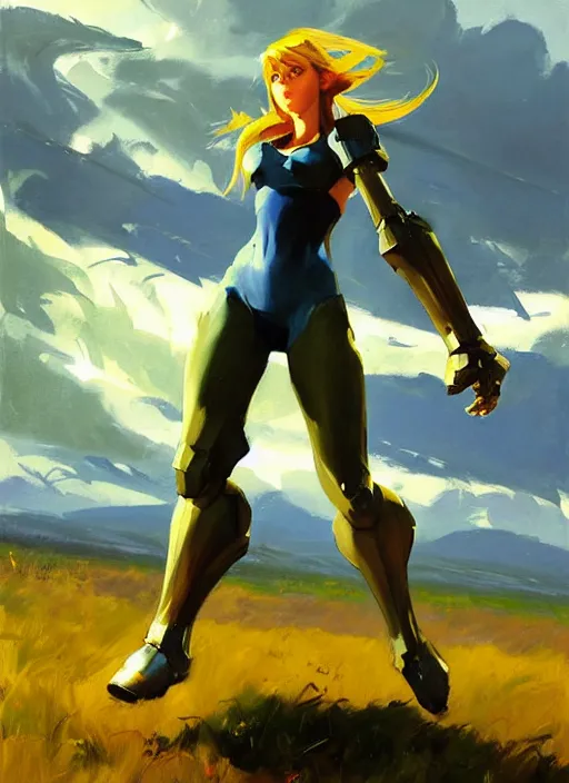 Image similar to Greg Manchess painting of Samus from Metroid Prime, countryside, calm, fantasy character portrait, dynamic pose, above view, sunny day, thunder clouds in the sky, artwork by Jeremy Lipkin and Giuseppe Dangelico Pino and Michael Garmash and Rob Rey, very coherent asymmetrical artwork, sharp edges, perfect face, simple form, 100mm