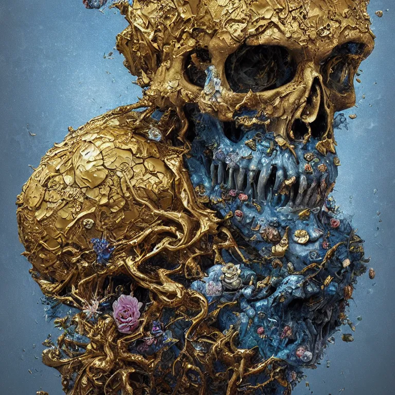 Prompt: A beautiful oil painting hyperrealism of a rotting zombie king, gold throne , grey beard, blue veins, skull bones flowers, 8k resolution, octane render, Trending on artstation, by Gediminas Pranckevicius, volumetric light 2blue fractal Thunder glow by dan mumford, anaglyph effect, Laurie Lipton