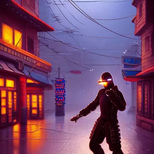 Image similar to An android with akimbo katanas by Evgeny Lushpin, cyberpunk, Trending on Artstation, 1980s computer graphics,