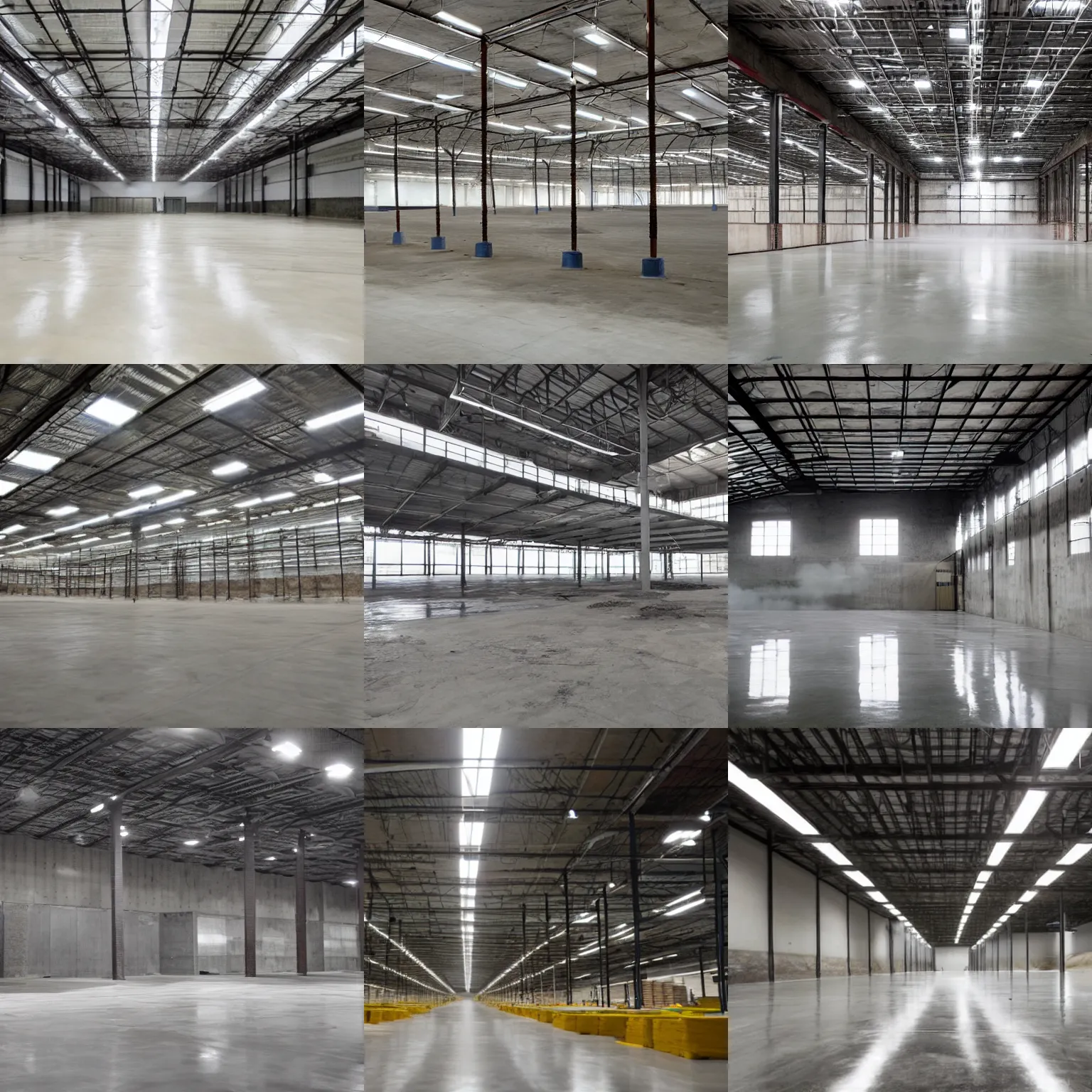 Prompt: the interior of a massive warehouse with concrete floors and walls, exposed rebar, dim fluorescent lights placed on the walls and a low - hanging fog with no discernible source.