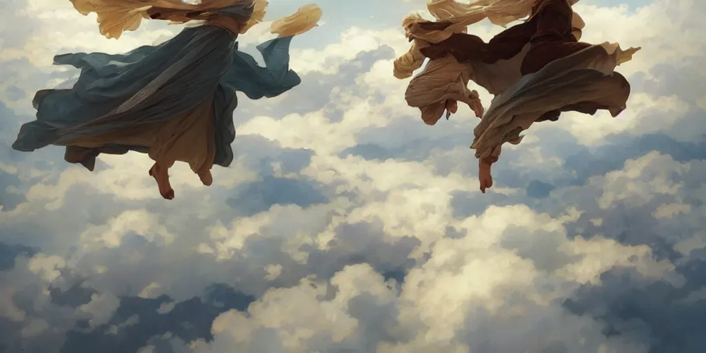 Prompt: flying over cloud tops, elegant, highly detailed, digital painting, artstation, concept art, smooth, sharp focus, illustration, ArtStation, art by artgerm and greg rutkowski and alphonse mucha and J. C. Leyendecker and Edmund Blair Leighton and Charlie Bowater