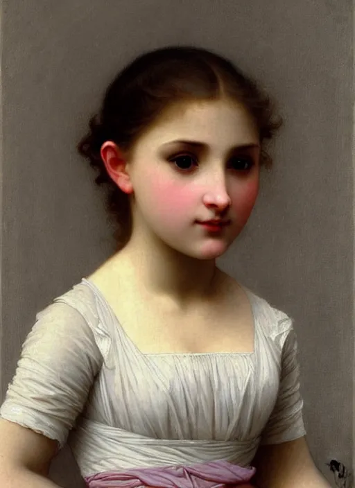 Prompt: close - up portrait of beautiful young girl, gray background, art by william - adolphe bouguereau