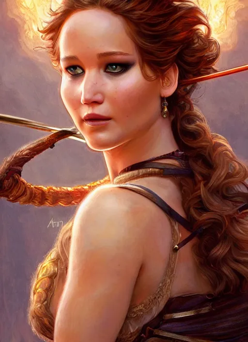 Prompt: Jennifer Lawrence as a beautiful fire archer, cute, fantasy, intricate, elegant, highly detailed, digital painting, 4k, HDR, concept art, smooth, sharp focus, illustration, art by artgerm and H R Giger and alphonse mucha
