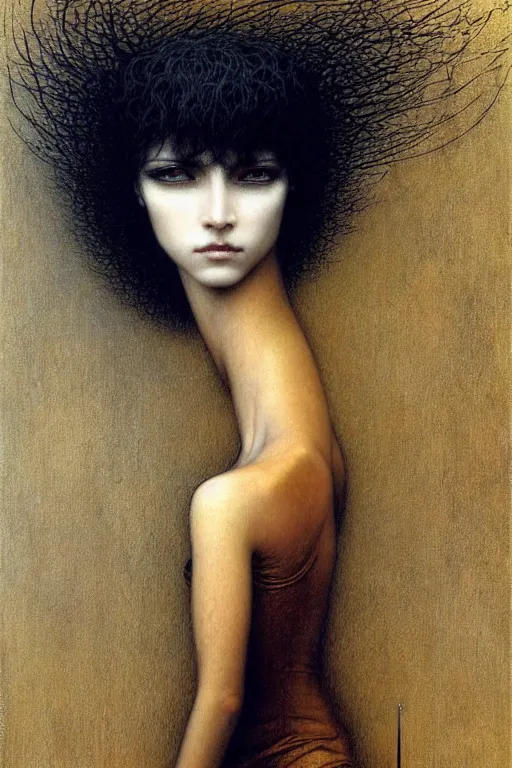 Prompt: portrait of tomboy, black short hairs, in golden dress, fantasy, intricate, jean delville, luis royo, beksinski